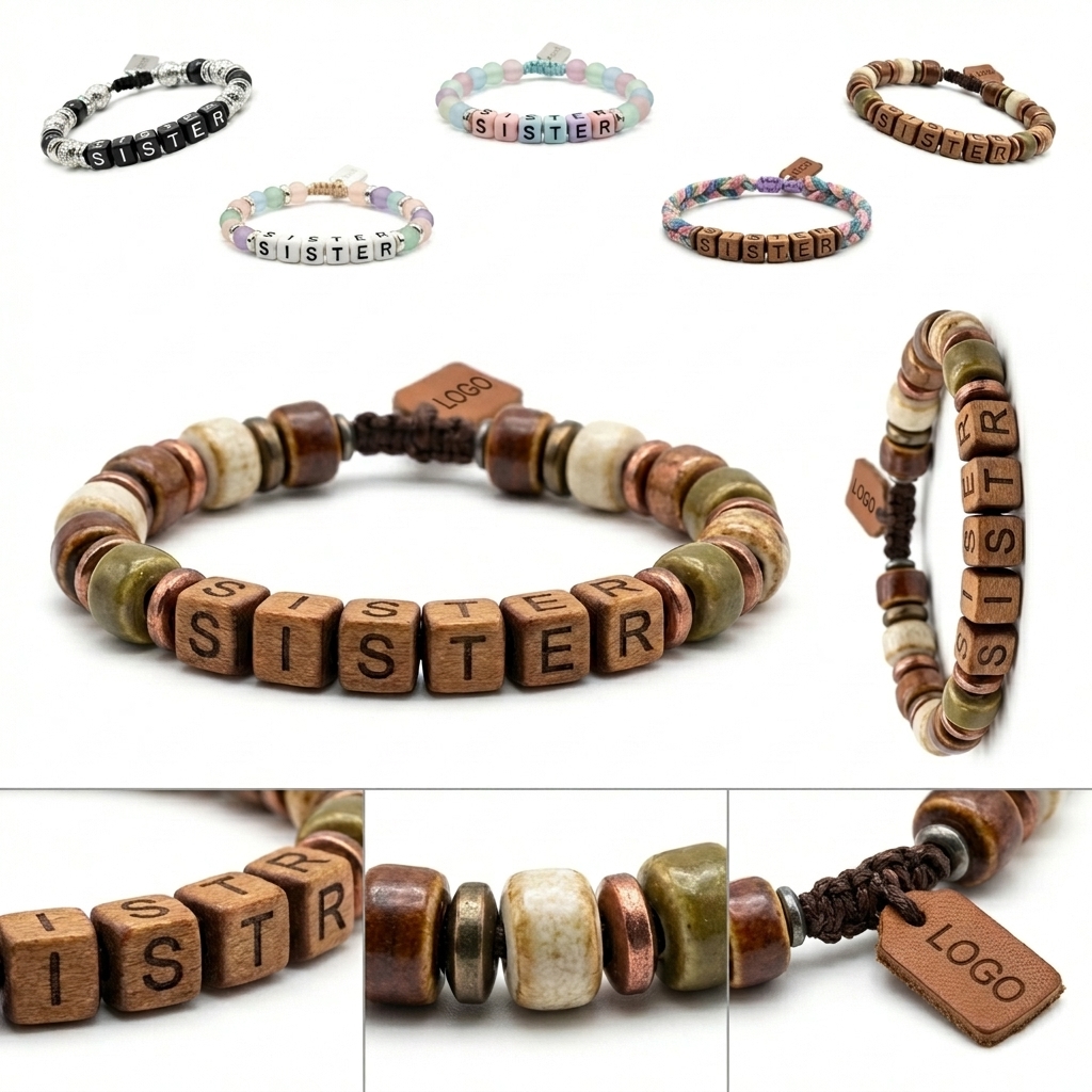 Personalized Sister Wooden & Ceramic Bead Bracelet with Adjustable Closure