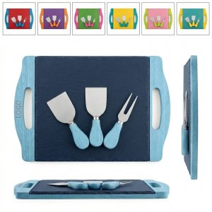 Modern Slate & Colored Wood Cheese Board Set with Stainless Steel Utensils